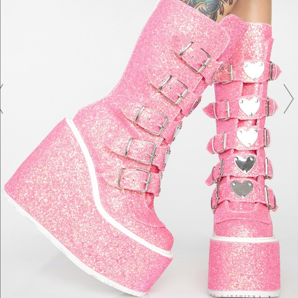 NIB Demonia Pink Candy Glitter Heart Trinity Boots - Picture 1 of 8